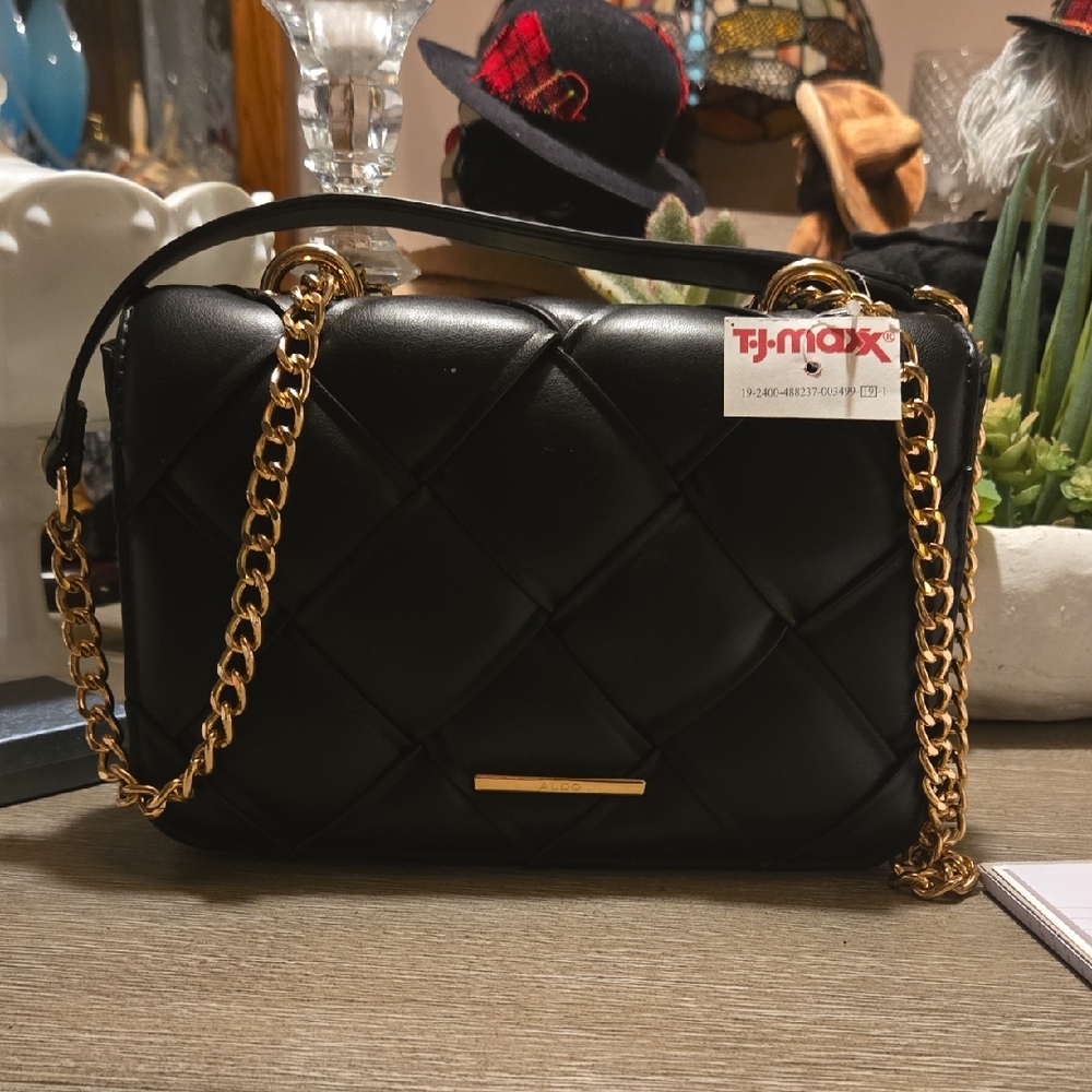Aldo Black Quilted Shoulder Bag with Gold Chain